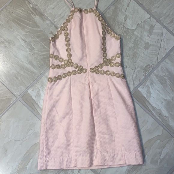 Pearl Shift Dress Paradise Tint Pink Halter Gold Lace - Picture 6 of 7